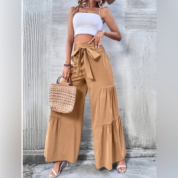 Boho Tie Front Shirred Waist Ruffle Hem Wide Leg Pants - Picture 2 of 6